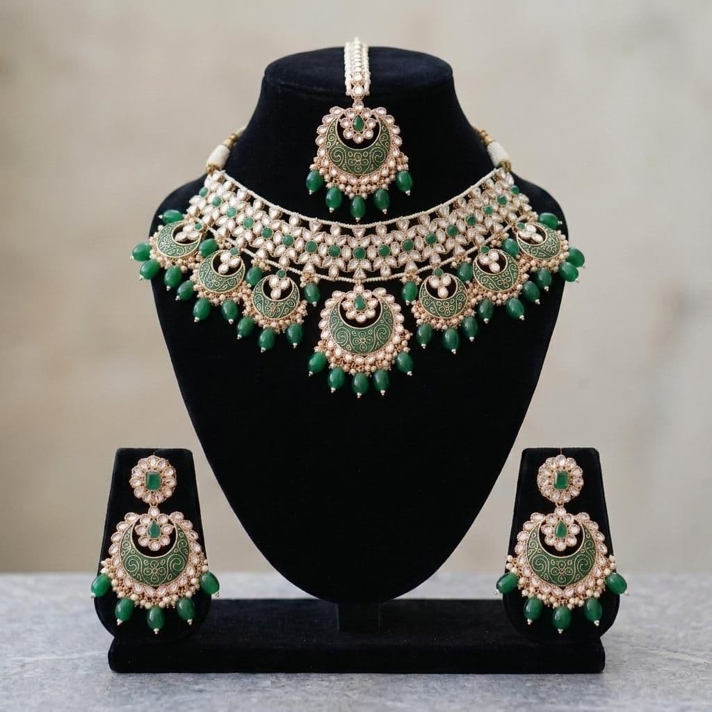 Kundan Gold Plated Emerald Green Bridal Jewellery Set - 3-Piece Necklace, Earrings & Tikka