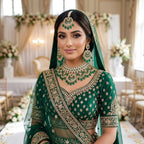 Kundan Gold Plated Emerald Green Bridal Jewellery Set - 3-Piece Necklace, Earrings & Tikka