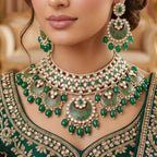 Kundan Gold Plated Emerald Green Bridal Jewellery Set - 3-Piece Necklace, Earrings & Tikka