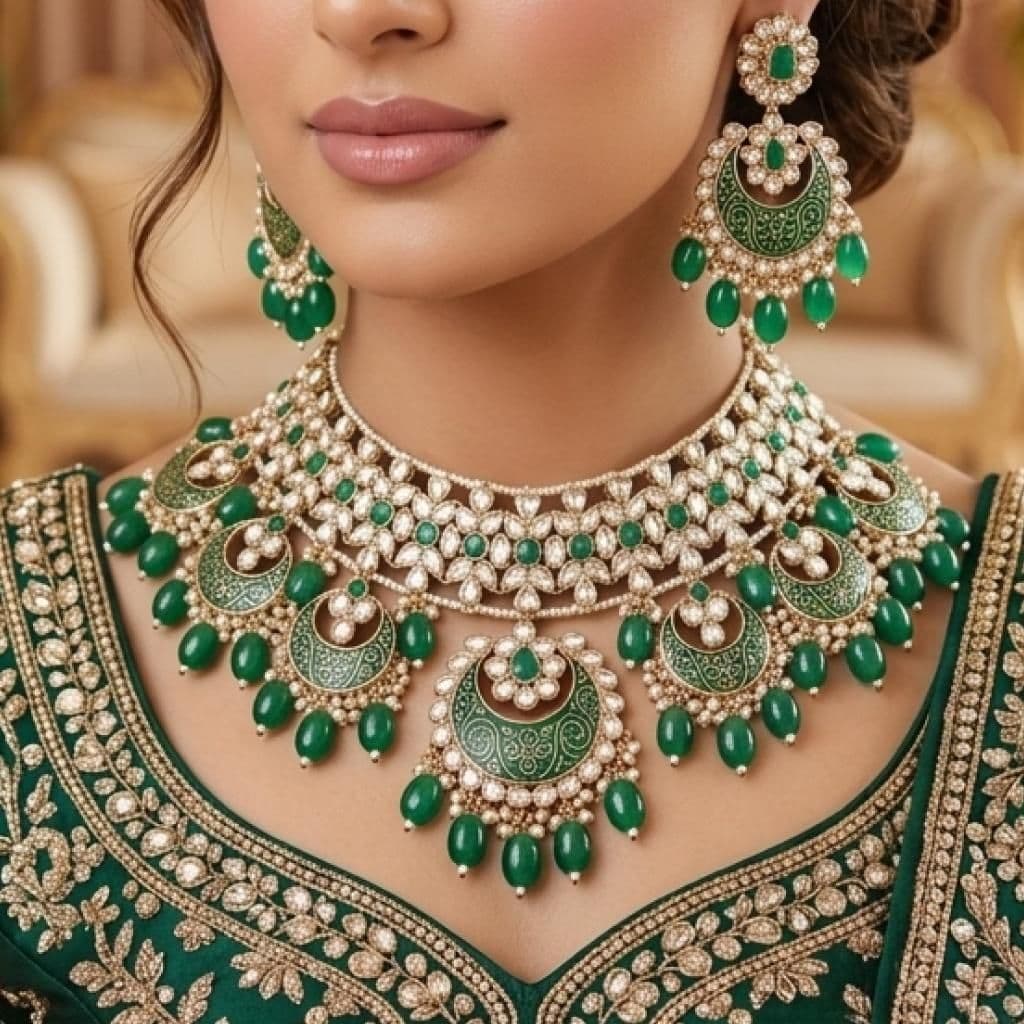 Kundan Gold Plated Emerald Green Bridal Jewellery Set - 3-Piece Necklace, Earrings & Tikka