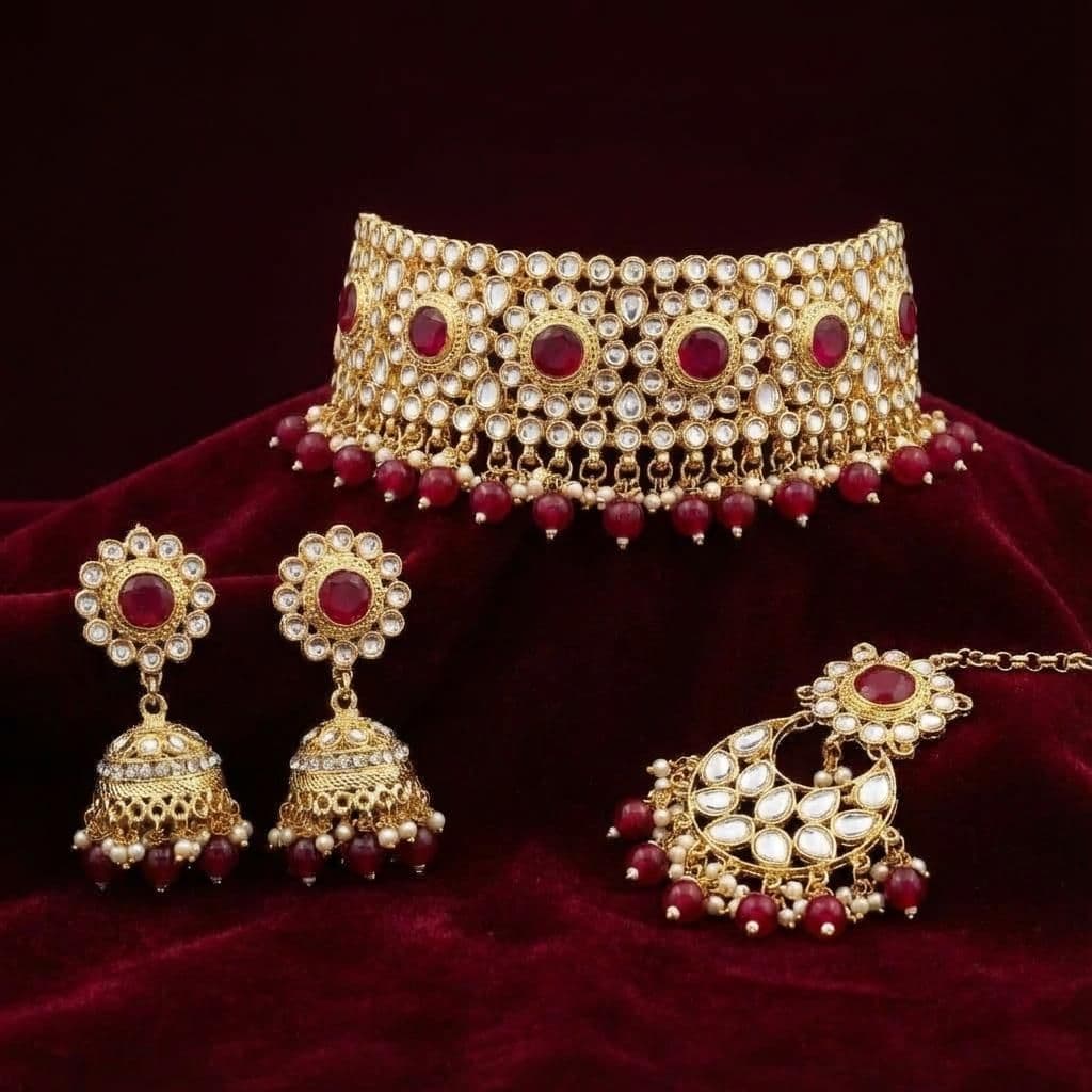Kundan Gold Plated Red Choker Bridal Jewellery Set - 3-Piece Necklace, Earrings & Tikka
