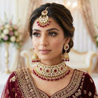 Kundan Gold Plated Red Choker Bridal Jewellery Set - 3-Piece Necklace, Earrings & Tikka