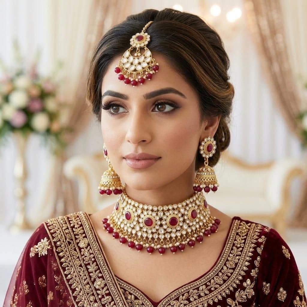 Kundan Gold Plated Red Choker Bridal Jewellery Set - 3-Piece Necklace, Earrings & Tikka