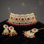 Kundan Gold Plated Red Choker Bridal Jewellery Set - 3-Piece Necklace, Earrings & Tikka