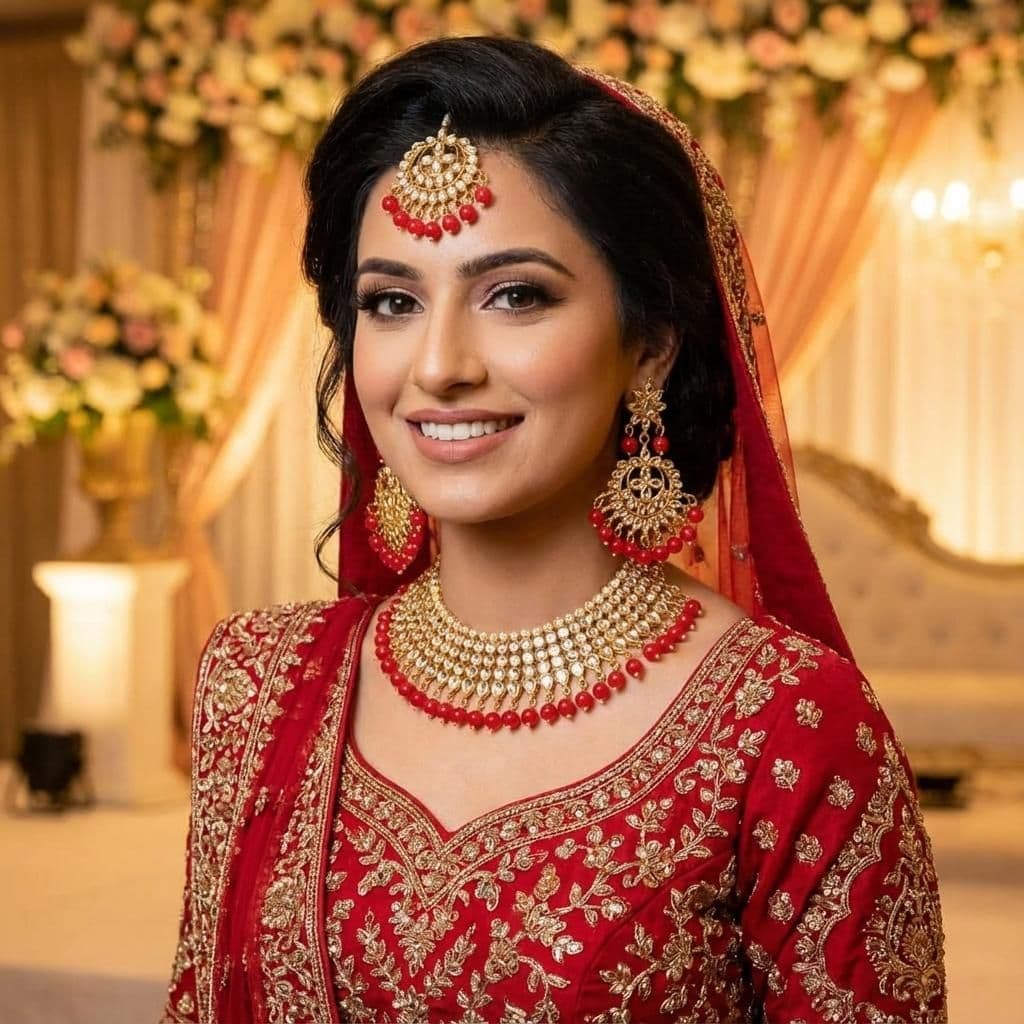 Kundan Gold Plated Red Bridal Jewellery Set - 3-Piece Necklace, Earrings & Tikka