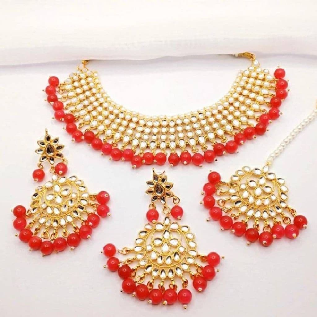 Kundan Gold Plated Red Bridal Jewellery Set - 3-Piece Necklace, Earrings & Tikka