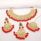 Kundan Gold Plated Red Bridal Jewellery Set - 3-Piece Necklace, Earrings & Tikka