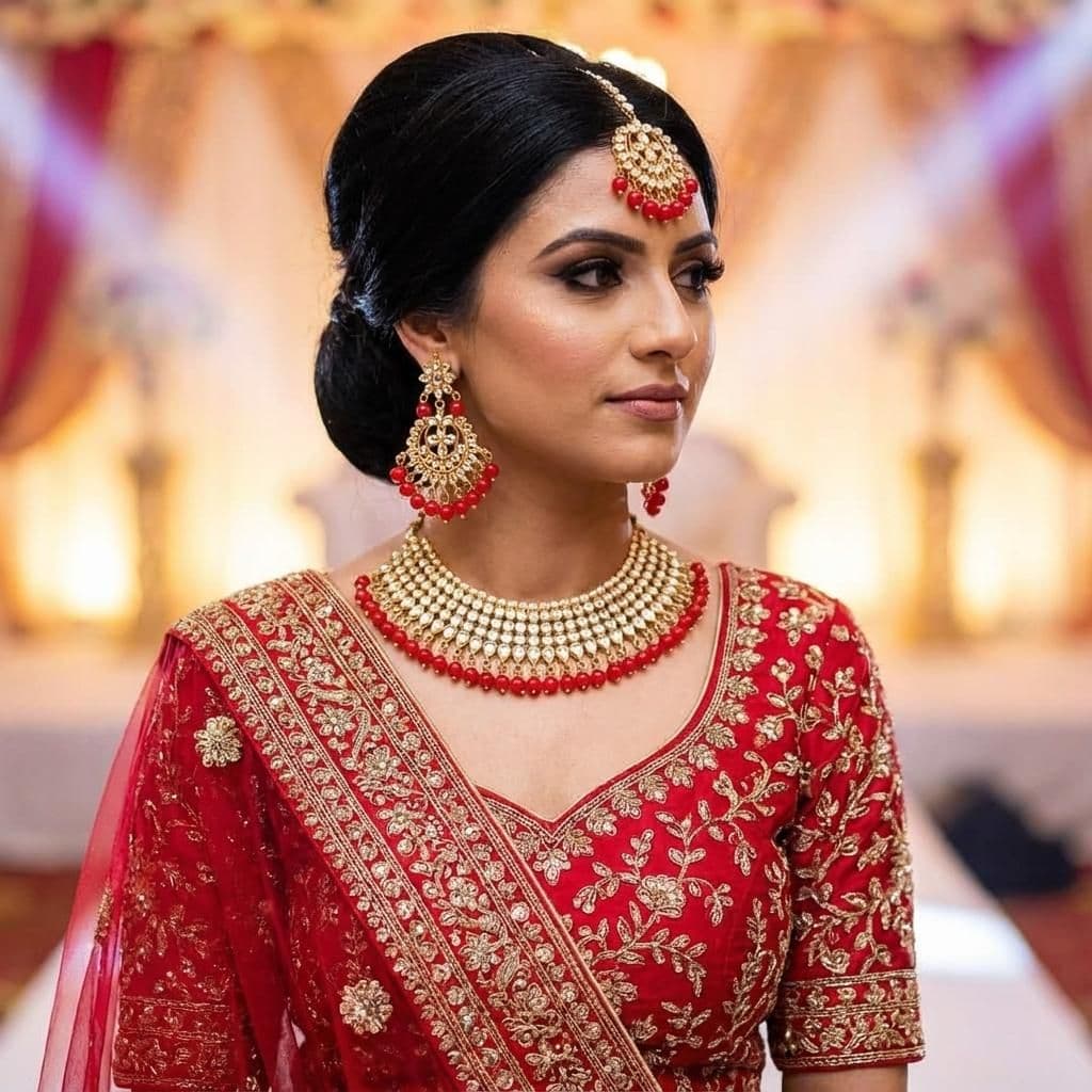 Kundan Gold Plated Red Bridal Jewellery Set - 3-Piece Necklace, Earrings & Tikka