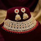 Kundan Gold Plated Red Bridal Jewellery Set - 2-Piece Necklace & Jhumki Earrings