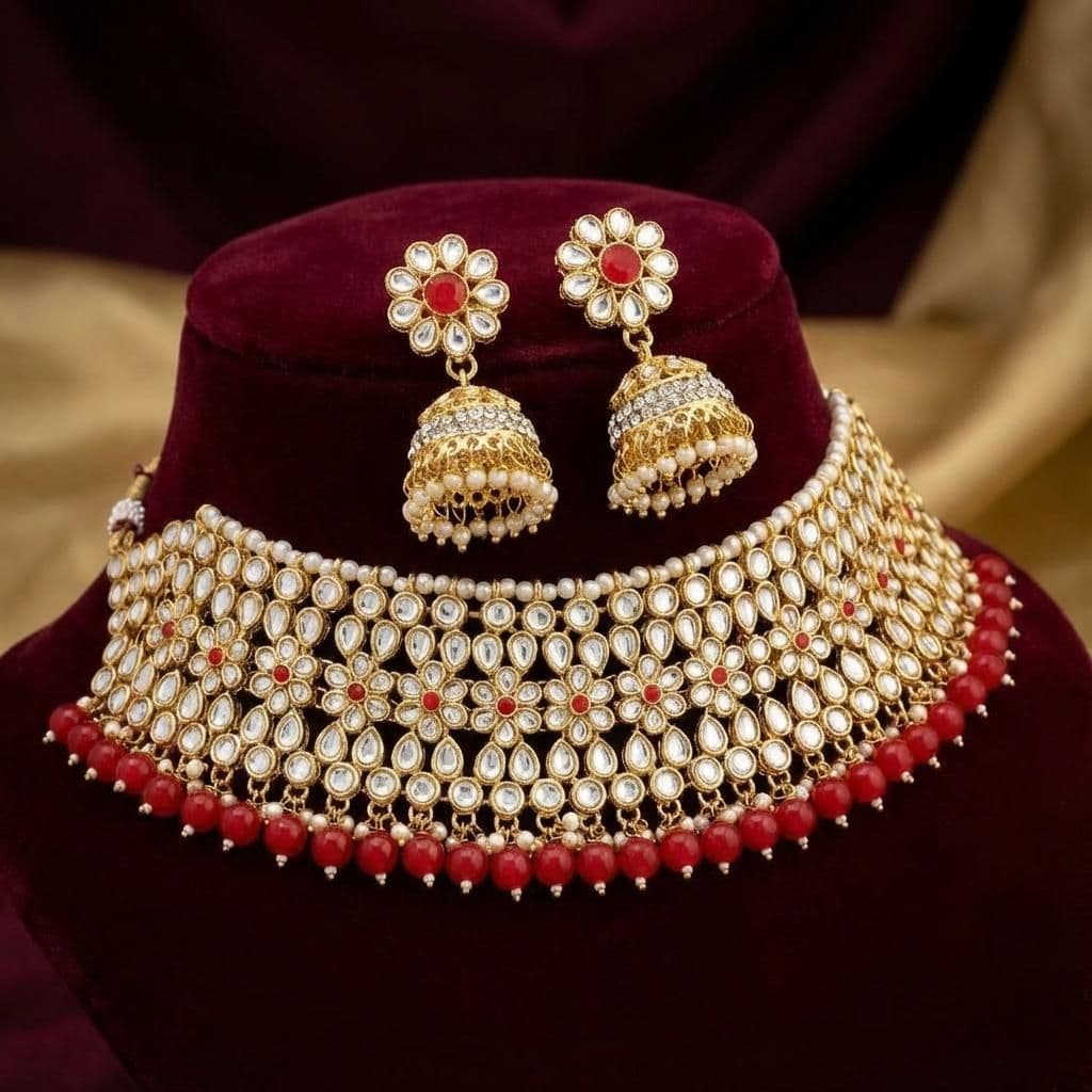 Kundan Gold Plated Red Bridal Jewellery Set - 2-Piece Necklace & Jhumki Earrings