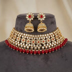 Kundan Gold Plated Red Bridal Jewellery Set - 2-Piece Necklace & Jhumki Earrings