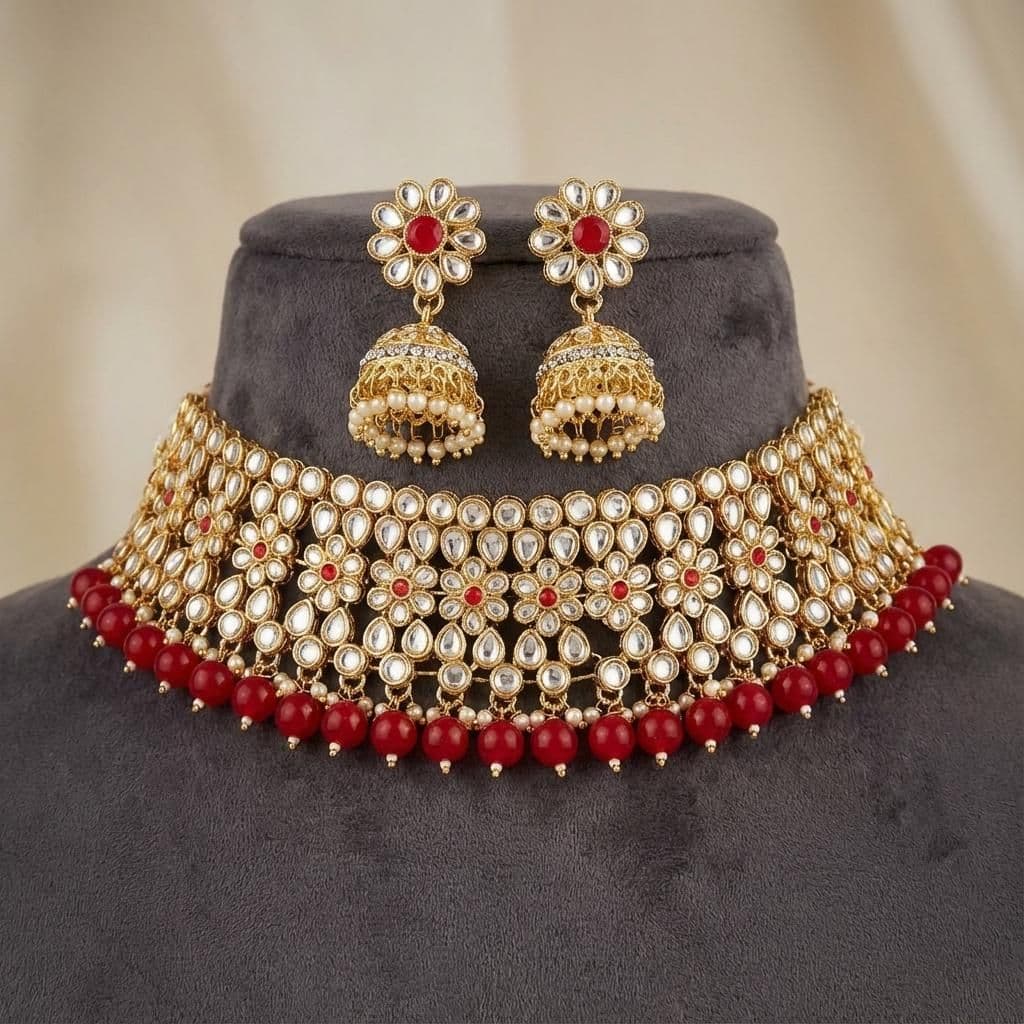Kundan Gold Plated Red Bridal Jewellery Set - 2-Piece Necklace & Jhumki Earrings