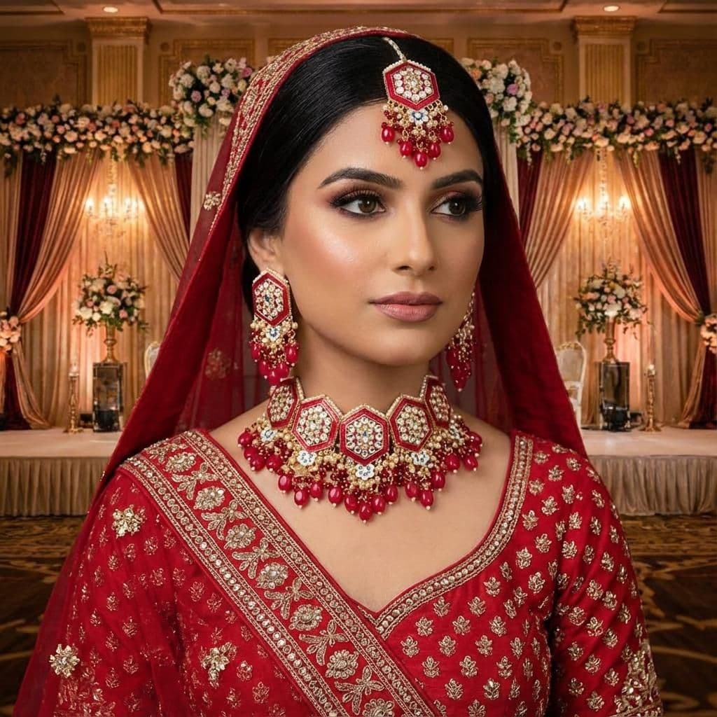 Kundan Gold Plated Red & Silver Choker Bridal Jewellery Set - 3-Piece Necklace, Earrings & Tikka
