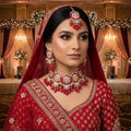 Kundan Gold Plated Red & Silver Choker Bridal Jewellery Set - 3-Piece Necklace, Earrings & Tikka