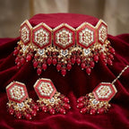 Kundan Gold Plated Red & Silver Choker Bridal Jewellery Set - 3-Piece Necklace, Earrings & Tikka