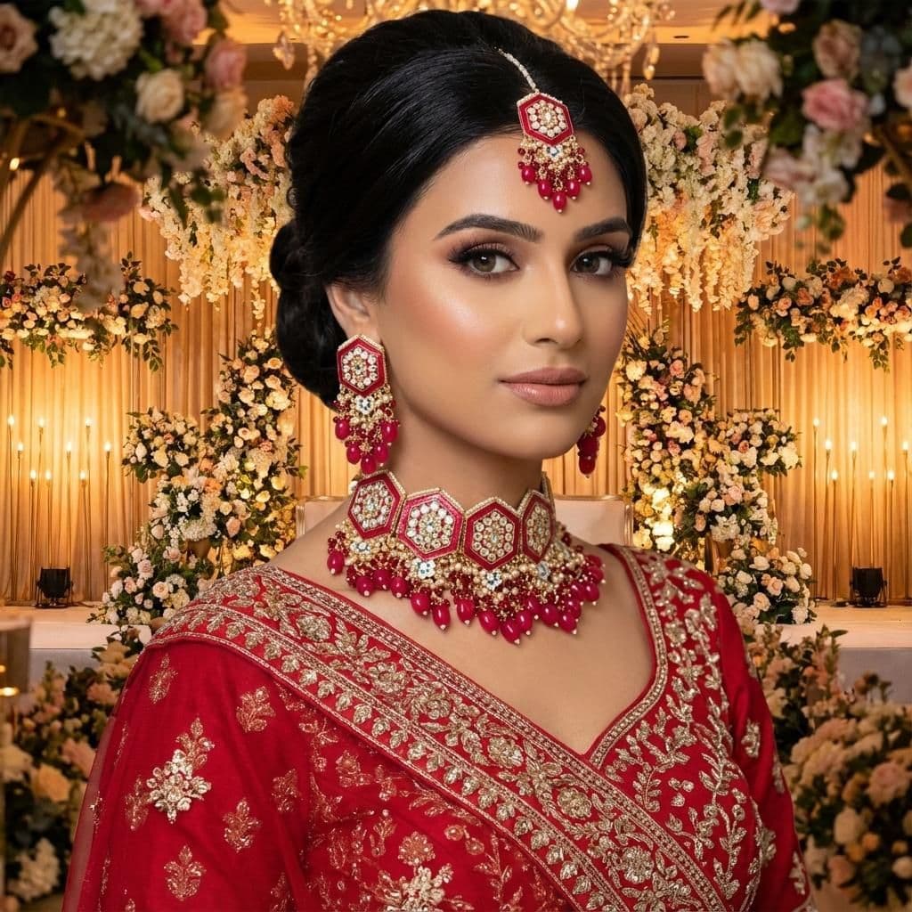 Kundan Gold Plated Red & Silver Choker Bridal Jewellery Set - 3-Piece Necklace, Earrings & Tikka