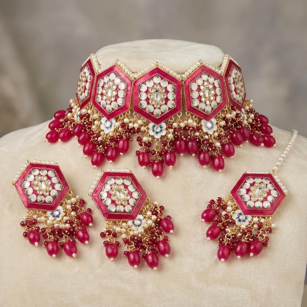 Kundan Gold Plated Red & Silver Choker Bridal Jewellery Set - 3-Piece Necklace, Earrings & Tikka