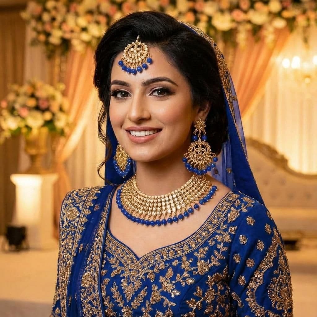 Kundan Gold Plated Royal Blue Bridal Jewellery Set - 3-Piece Necklace, Earrings & Tikka