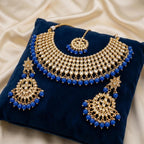 Kundan Gold Plated Royal Blue Bridal Jewellery Set - 3-Piece Necklace, Earrings & Tikka