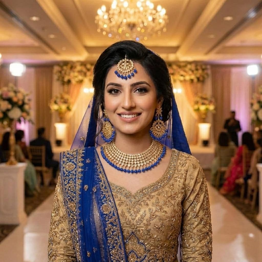 Kundan Gold Plated Royal Blue Bridal Jewellery Set - 3-Piece Necklace, Earrings & Tikka
