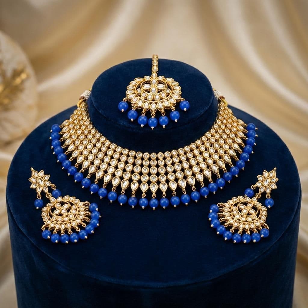 Kundan Gold Plated Royal Blue Bridal Jewellery Set - 3-Piece Necklace, Earrings & Tikka