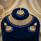Kundan Gold Plated Royal Blue Bridal Jewellery Set - 3-Piece Necklace, Earrings & Tikka