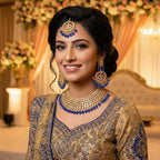 Kundan Gold Plated Royal Blue Bridal Jewellery Set - 3-Piece Necklace, Earrings & Tikka