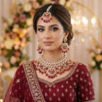 Kundan Gold Plated Ruby Red Bridal Jewellery Set - 3-Piece Necklace, Earrings & Tikka