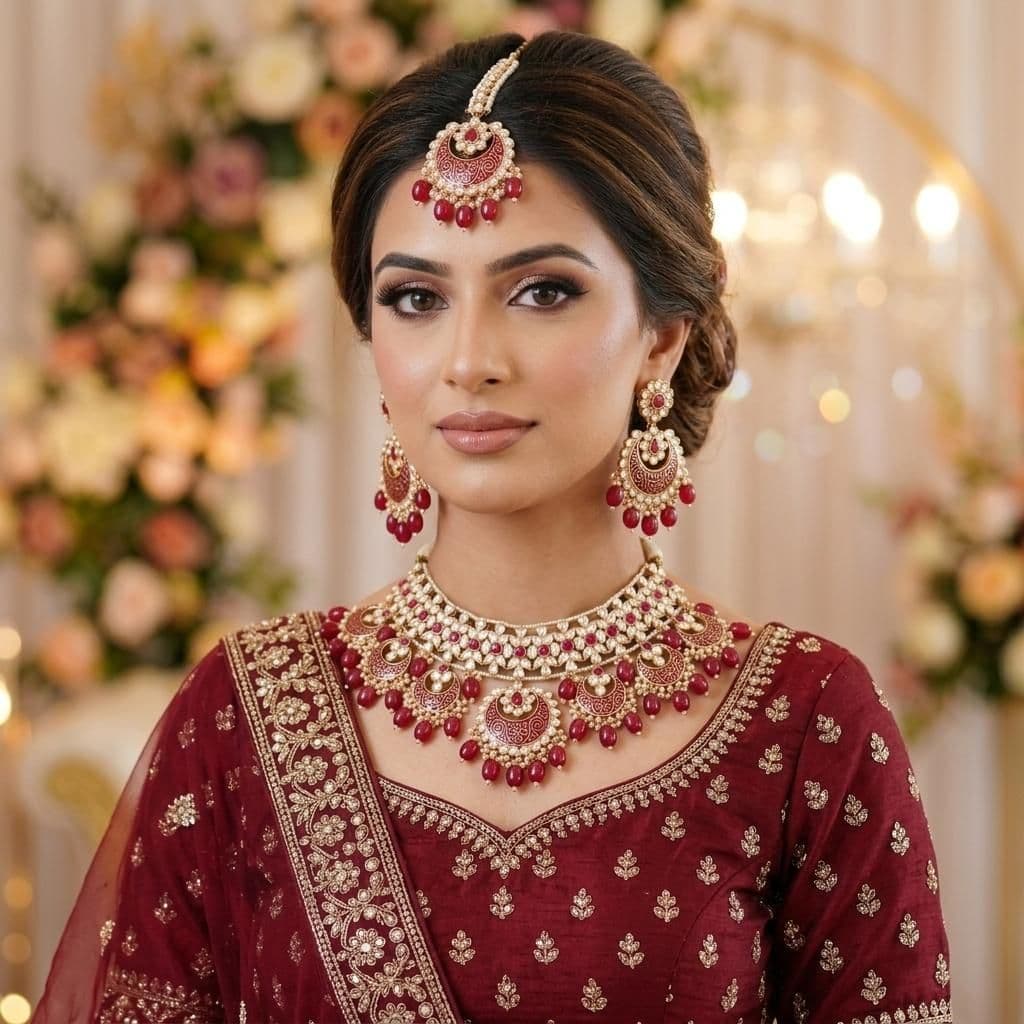 Kundan Gold Plated Ruby Red Bridal Jewellery Set - 3-Piece Necklace, Earrings & Tikka