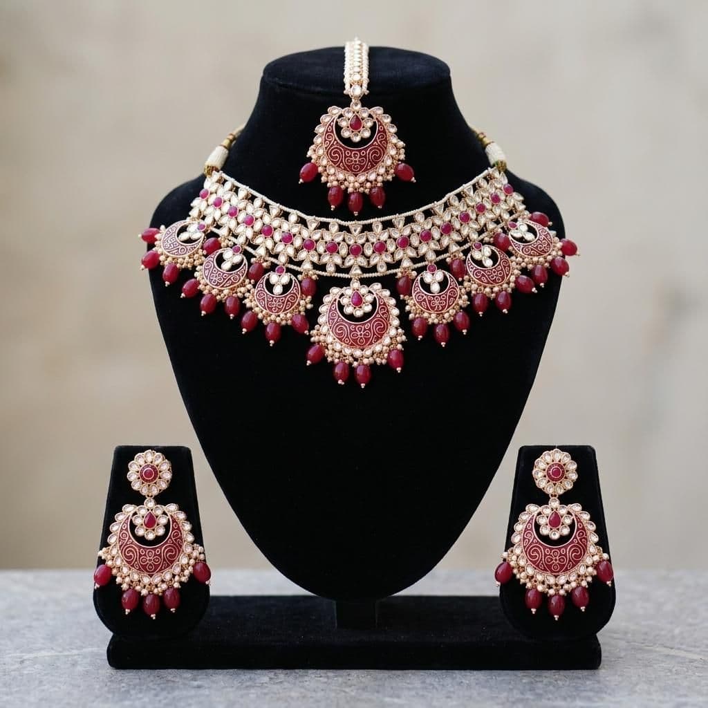 Kundan Gold Plated Ruby Red Bridal Jewellery Set - 3-Piece Necklace, Earrings & Tikka