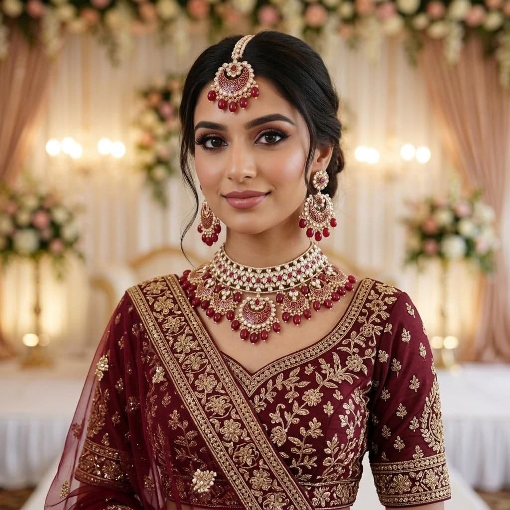 Kundan Gold Plated Ruby Red Bridal Jewellery Set - 3-Piece Necklace, Earrings & Tikka