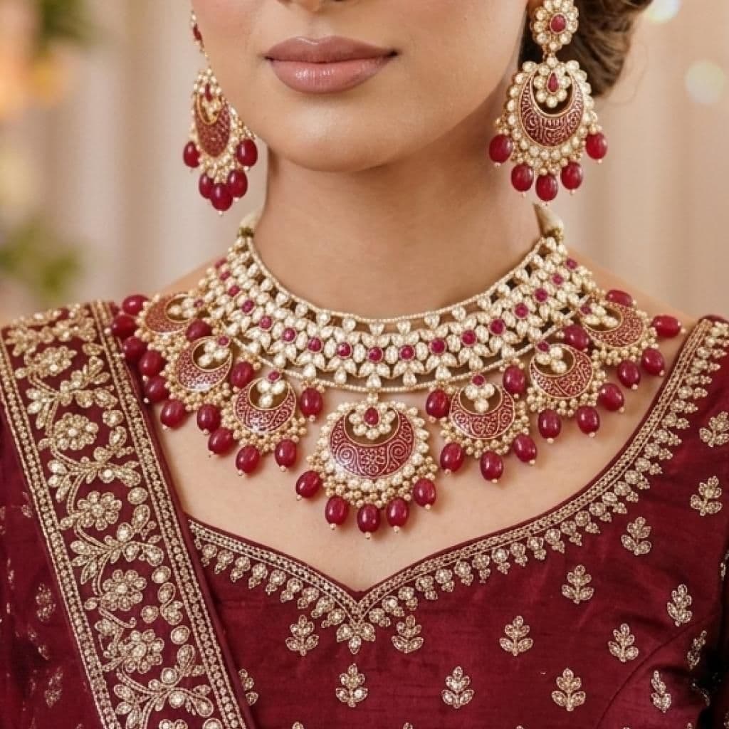 Kundan Gold Plated Ruby Red Bridal Jewellery Set - 3-Piece Necklace, Earrings & Tikka
