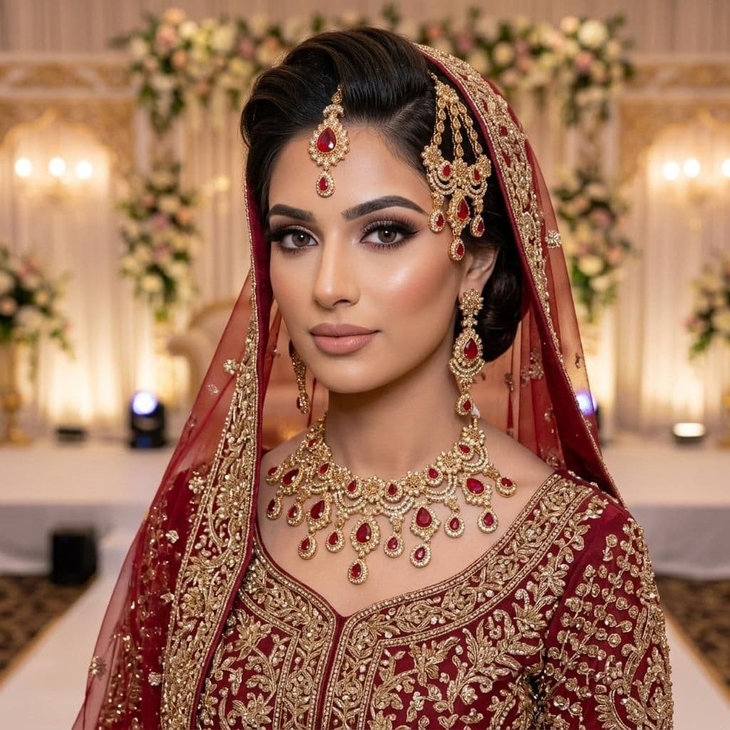 Kundan Gold Plated Ruby Red Bridal Jewellery Set - 4-Piece Necklace, Earrings, Tikka & Passa