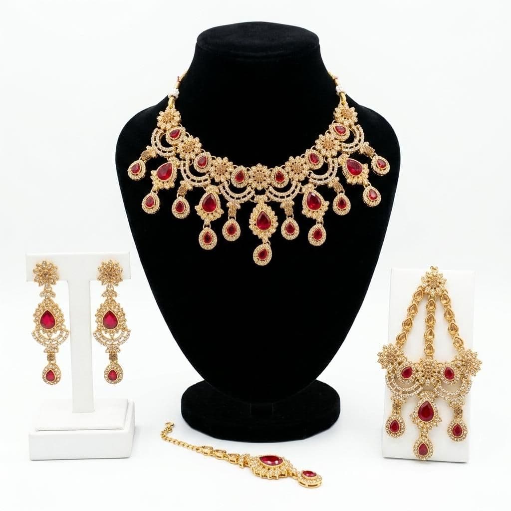 Kundan Gold Plated Ruby Red Bridal Jewellery Set - 4-Piece Necklace, Earrings, Tikka & Passa