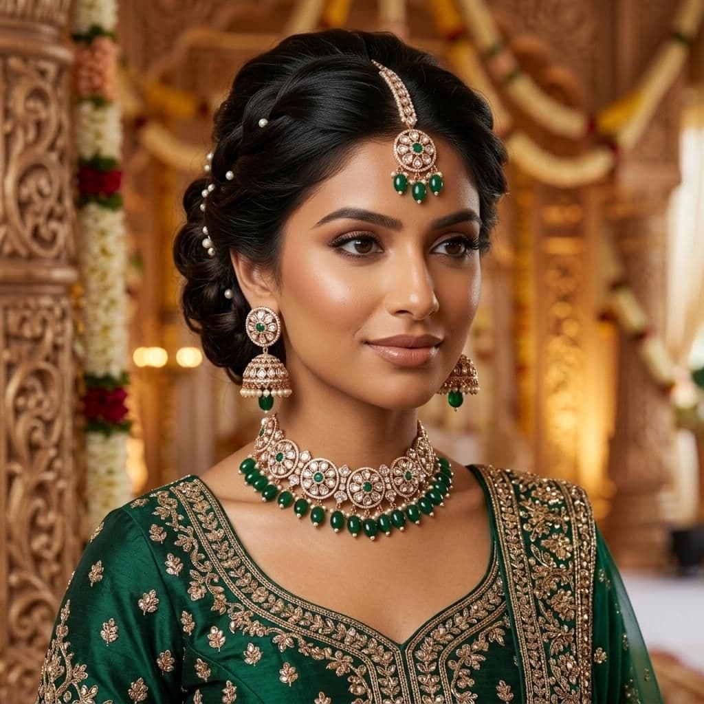Kundan Rose Gold Plated Dark Green Choker Bridal Jewellery Set - 3-Piece Necklace, Earrings & Tikka