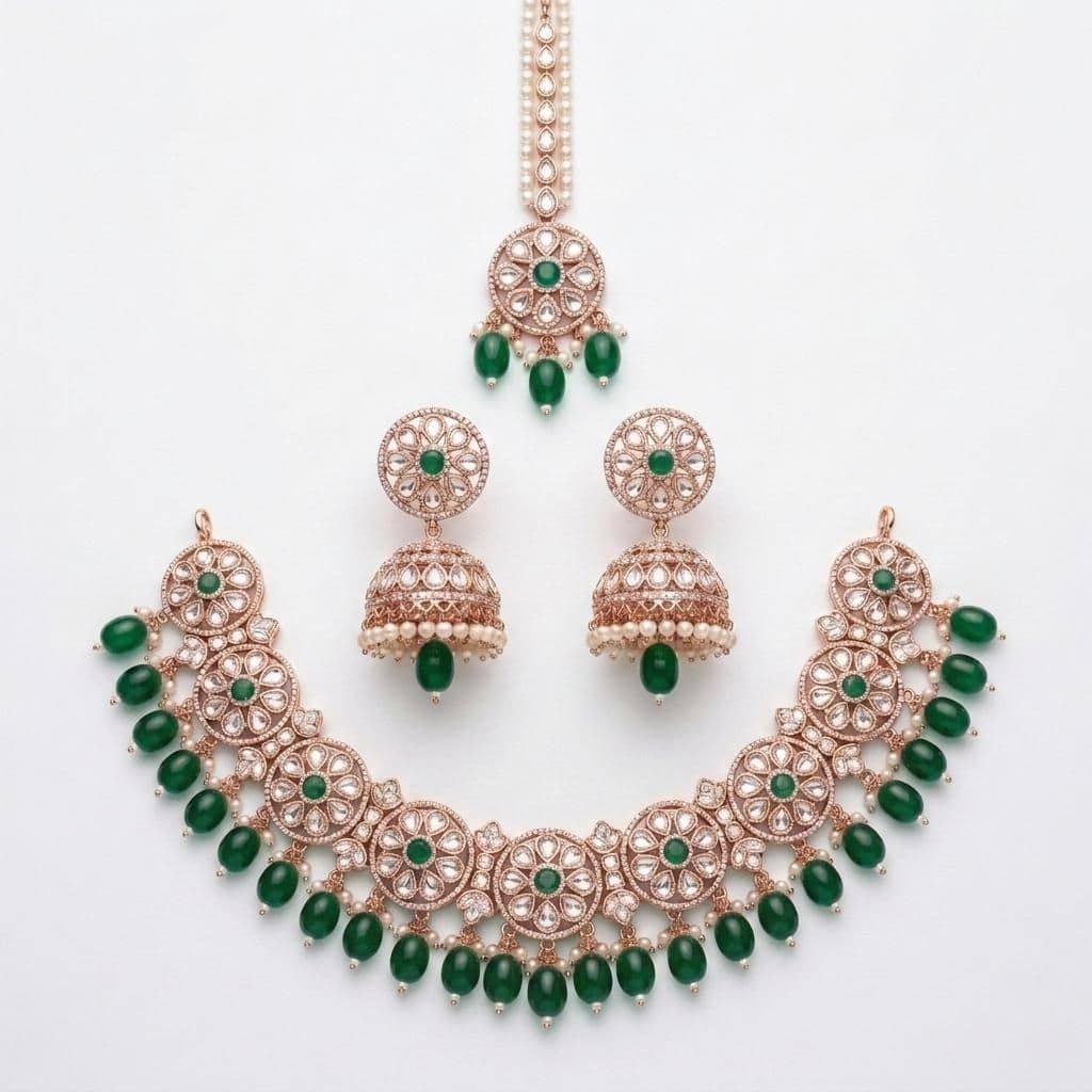 Kundan Rose Gold Plated Dark Green Choker Bridal Jewellery Set - 3-Piece Necklace, Earrings & Tikka
