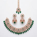 Kundan Rose Gold Plated Dark Green Choker Bridal Jewellery Set - 3-Piece Necklace, Earrings & Tikka