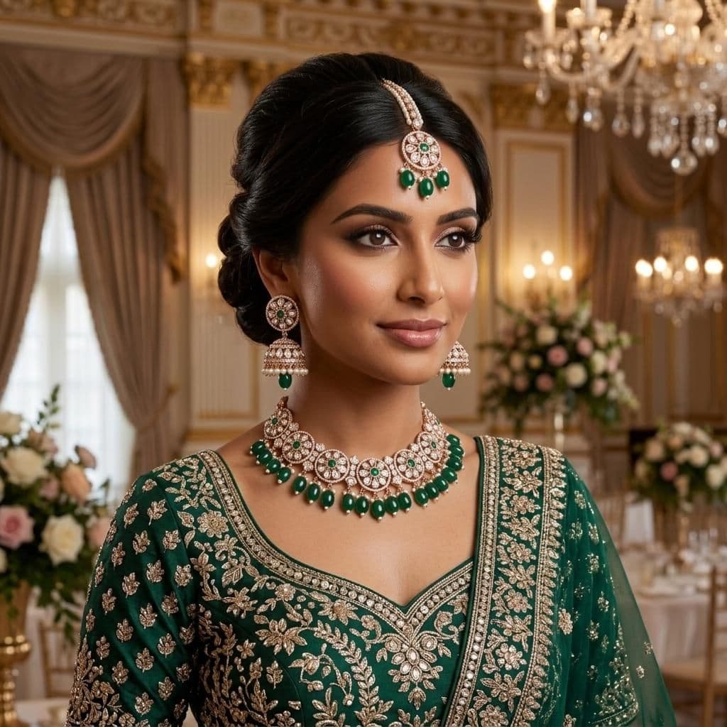 Kundan Rose Gold Plated Dark Green Choker Bridal Jewellery Set - 3-Piece Necklace, Earrings & Tikka