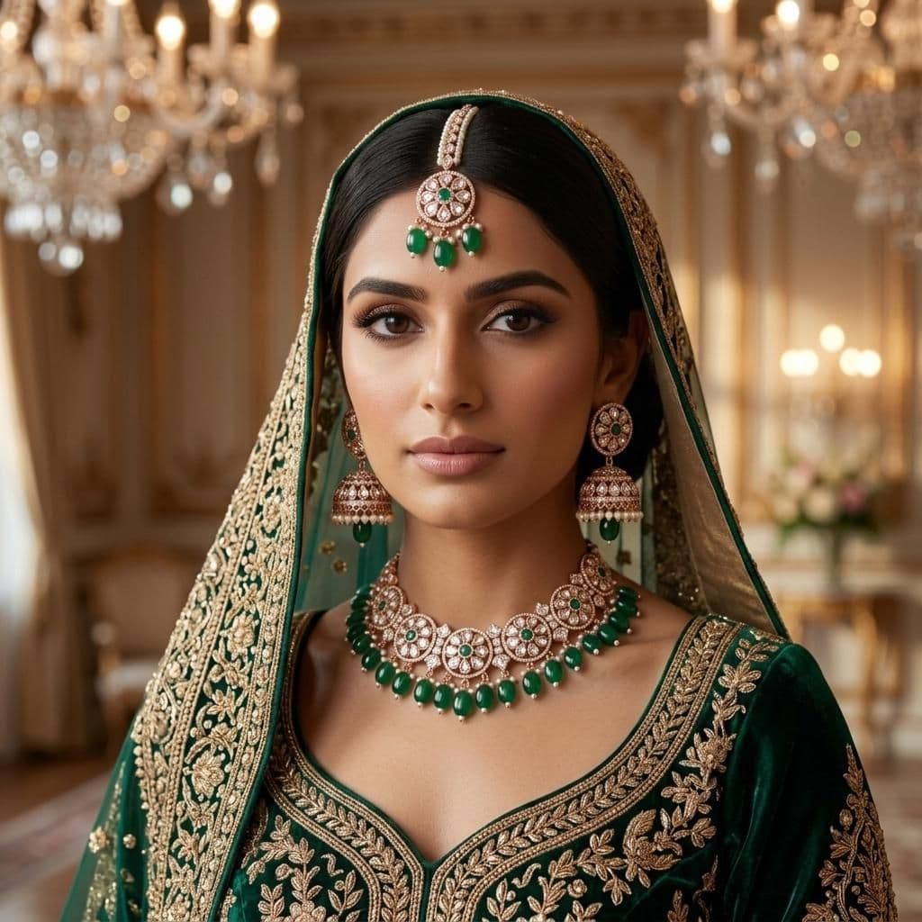 Kundan Rose Gold Plated Dark Green Choker Bridal Jewellery Set - 3-Piece Necklace, Earrings & Tikka