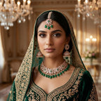 Kundan Rose Gold Plated Dark Green Choker Bridal Jewellery Set - 3-Piece Necklace, Earrings & Tikka