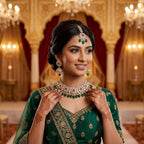 Kundan Rose Gold Plated Dark Green Choker Bridal Jewellery Set - 3-Piece Necklace, Earrings & Tikka