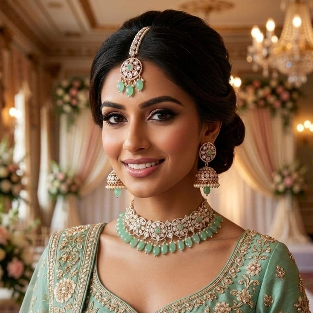 Kundan Rose Gold Plated Mint Green Choker Bridal Jewellery Set - 3-Piece Necklace, Earrings & Tikka