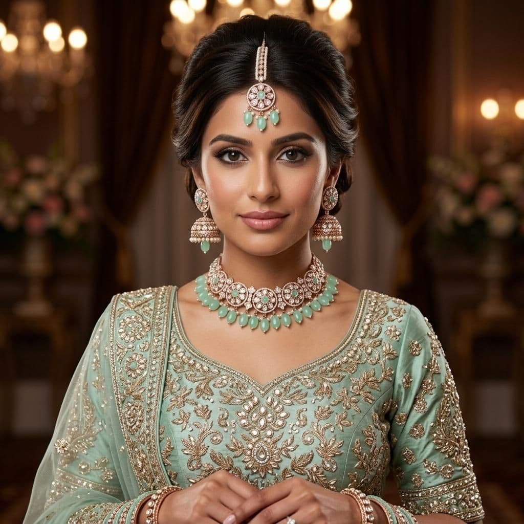 Kundan Rose Gold Plated Mint Green Choker Bridal Jewellery Set - 3-Piece Necklace, Earrings & Tikka