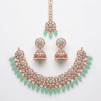 Kundan Rose Gold Plated Mint Green Choker Bridal Jewellery Set - 3-Piece Necklace, Earrings & Tikka