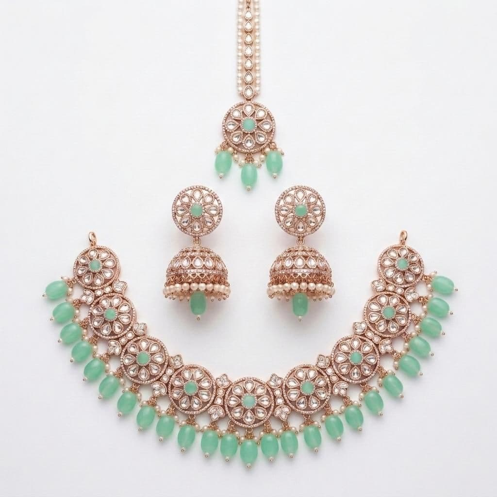 Kundan Rose Gold Plated Mint Green Choker Bridal Jewellery Set - 3-Piece Necklace, Earrings & Tikka