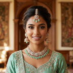 Kundan Rose Gold Plated Mint Green Choker Bridal Jewellery Set - 3-Piece Necklace, Earrings & Tikka