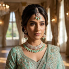 Kundan Rose Gold Plated Mint Green Choker Bridal Jewellery Set - 3-Piece Necklace, Earrings & Tikka