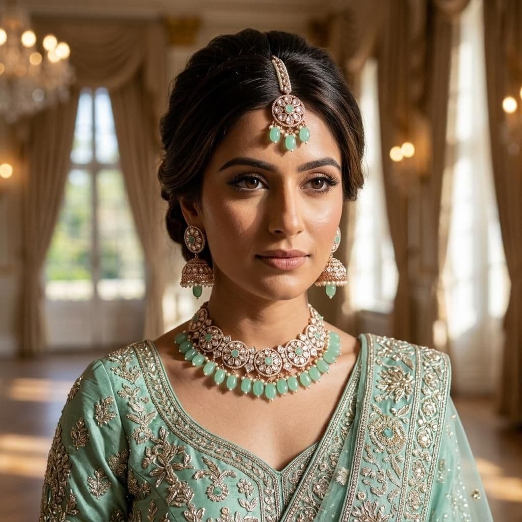 Kundan Rose Gold Plated Mint Green Choker Bridal Jewellery Set - 3-Piece Necklace, Earrings & Tikka