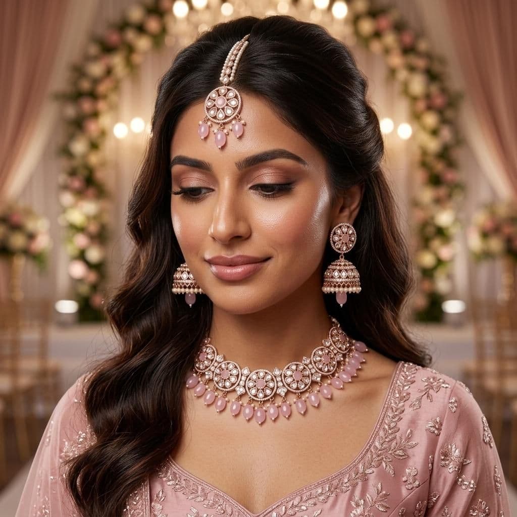 Kundan Rose Gold Plated Pink Choker Bridal Jewellery Set - 3-Piece Necklace, Earrings & Tikka