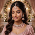 Kundan Rose Gold Plated Pink Choker Bridal Jewellery Set - 3-Piece Necklace, Earrings & Tikka